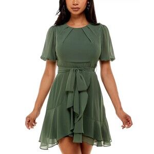 B Darlin Juniors' Puff-Sleeve A-Line Dress, Olive, 7/8 (Junior M